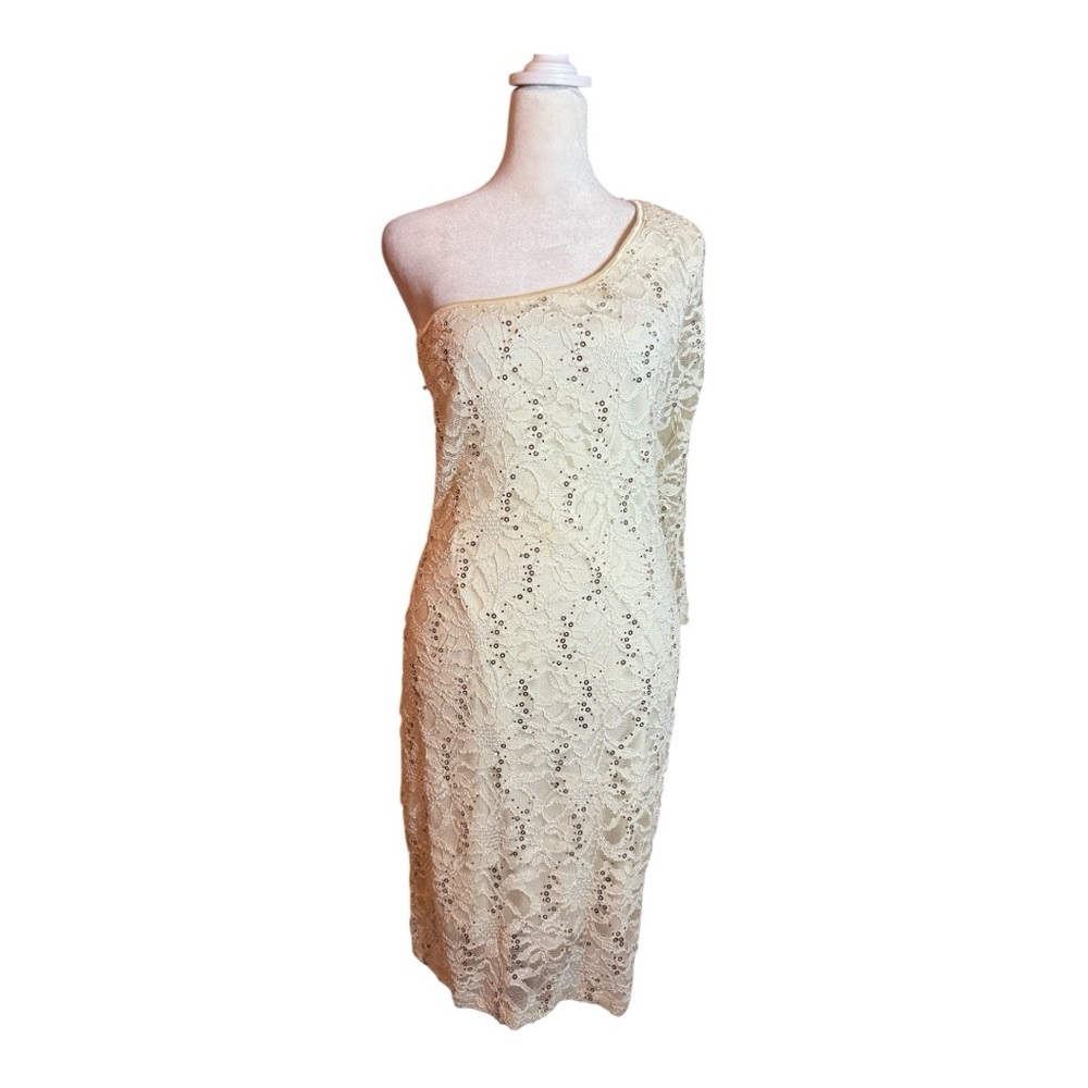 One Shoulder Cream Winter White Cocktail Gown Holiday Prom Going Out Bride